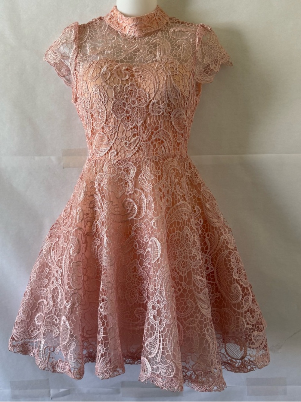 Peach Pink Lace Fit and Flare Dress Size S Open Back Romantic Event Formal